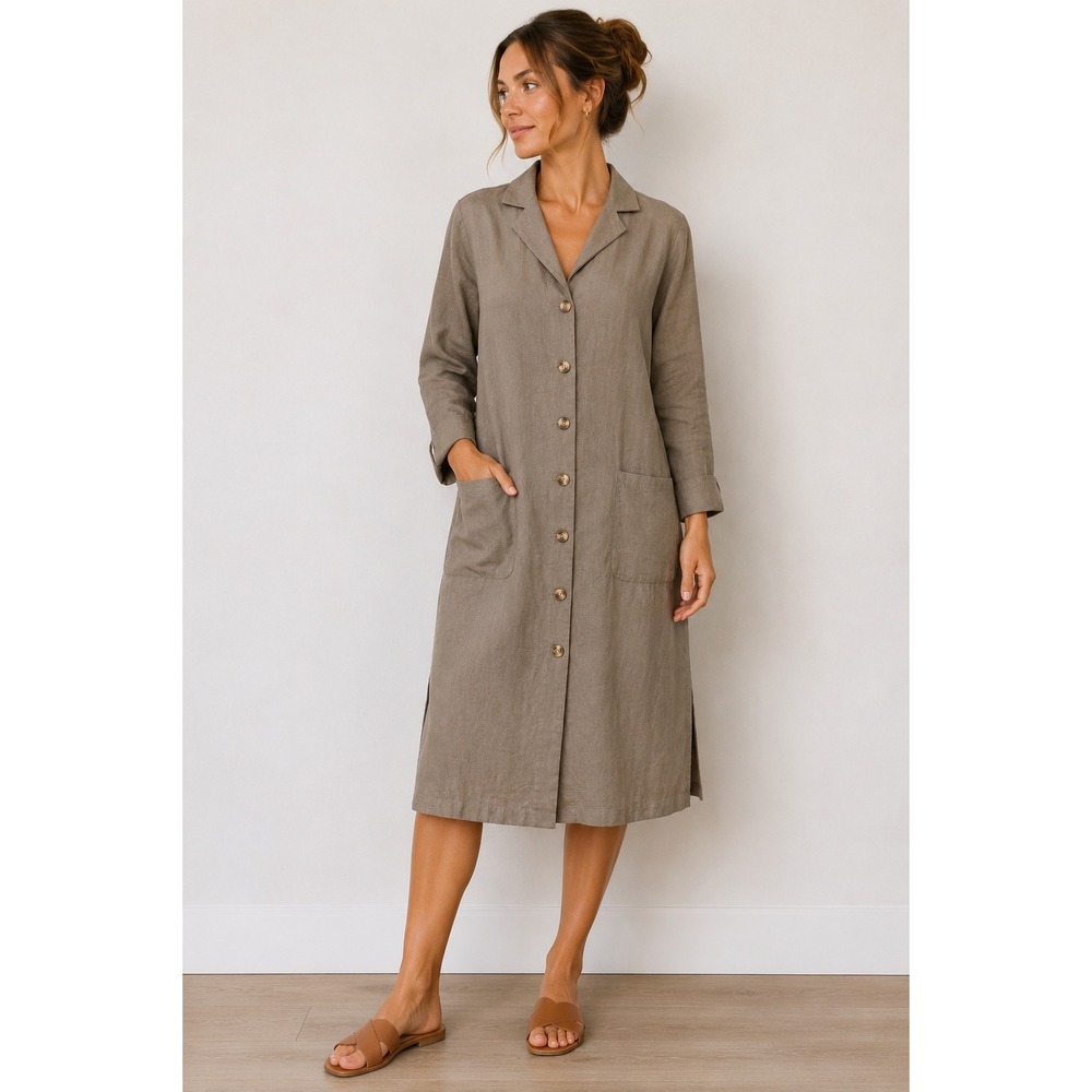 MOD REF Women Brown Linen Blend Button Front Longline Large shirt dress